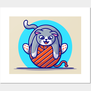 Cute Cat Playing Yarn Ball Cartoon Vector Icon Illustration Posters and Art